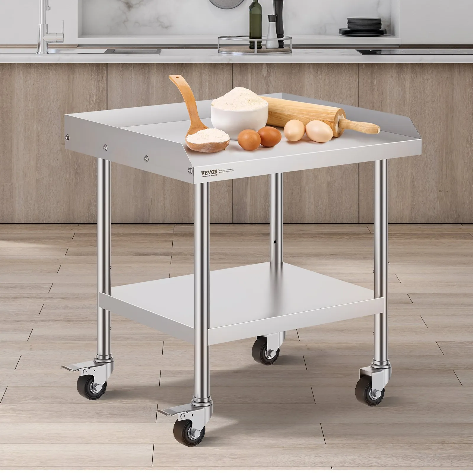 Pracovný stôl z nehrdzavejúcej ocele, 610 x 711 x 762 mm, pracovný stôl na prípravu jedla so 4 kolieskami, otočné kolieska, 3-stranná ochrana proti striekajúcej vode, kovový pracovný stôl do reštaurácií – Obrázok 3
