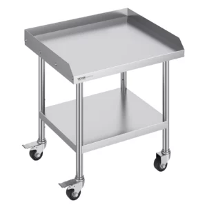Pracovný stôl z nehrdzavejúcej ocele, 610 x 711 x 762 mm, pracovný stôl na prípravu jedla so 4 kolieskami, otočné kolieska, 3-stranná ochrana proti striekajúcej vode, kovový pracovný stôl do reštaurácií