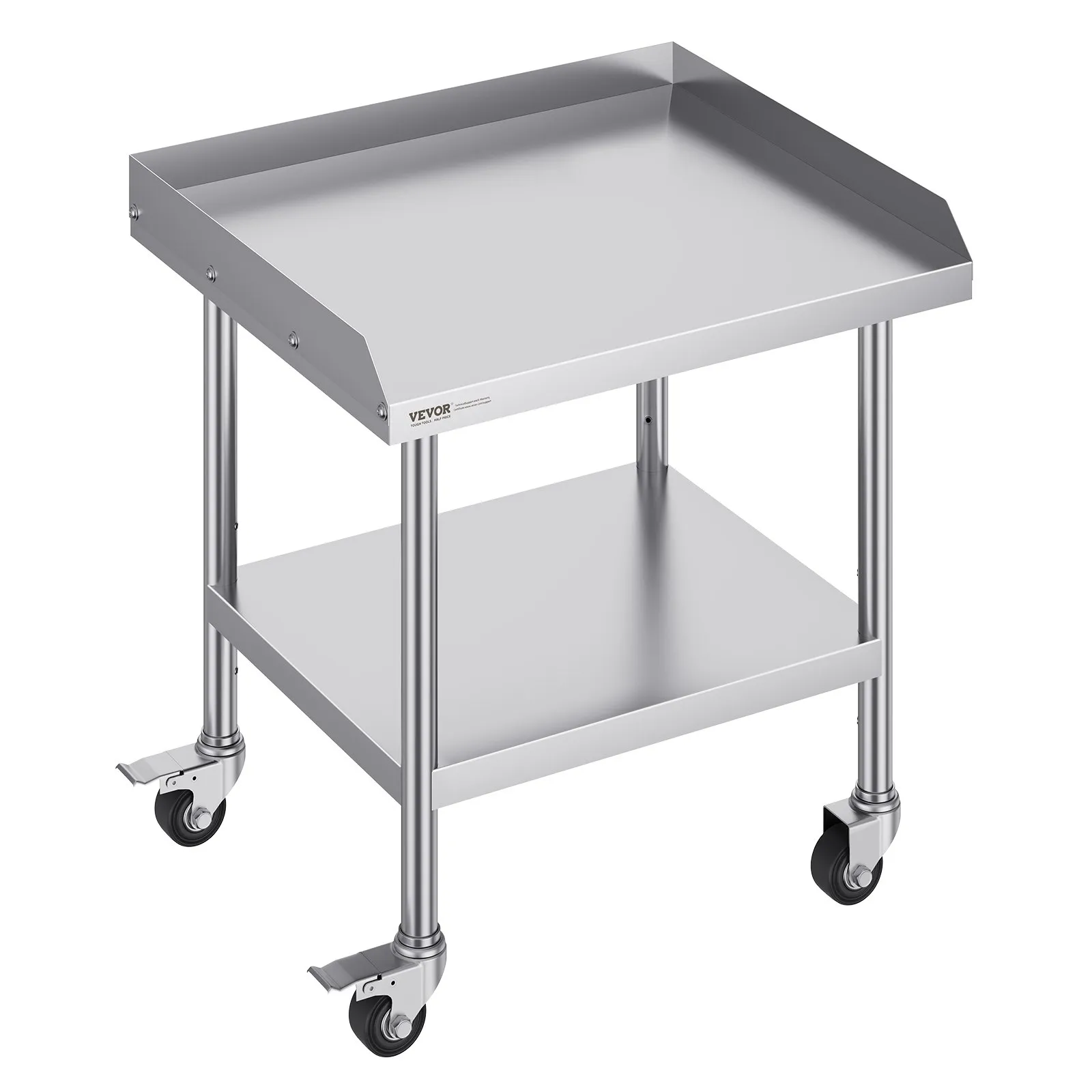 Pracovný stôl z nehrdzavejúcej ocele, 610 x 711 x 762 mm, pracovný stôl na prípravu jedla so 4 kolieskami, otočné kolieska, 3-stranná ochrana proti striekajúcej vode, kovový pracovný stôl do reštaurácií
