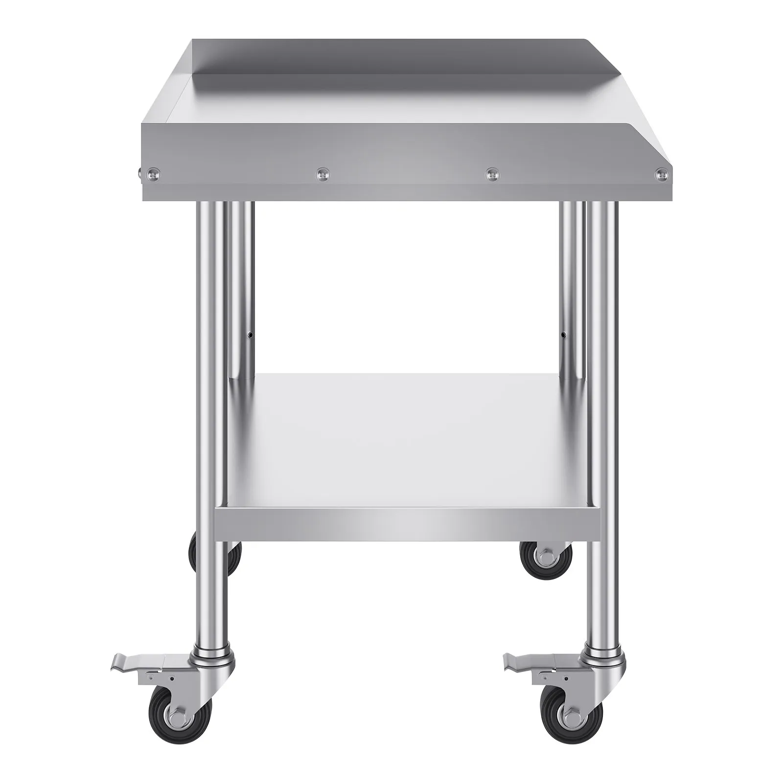 Pracovný stôl z nehrdzavejúcej ocele, 610 x 711 x 762 mm, pracovný stôl na prípravu jedla so 4 kolieskami, otočné kolieska, 3-stranná ochrana proti striekajúcej vode, kovový pracovný stôl do reštaurácií – Obrázok 2