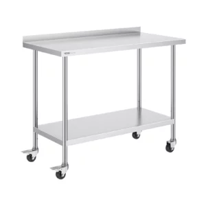 Nerezový pracovný stôl 76,2 x 61 x 89 cm, nosnosť 200 kg, robustný kovový pracovný stôl s nastaviteľným chrbtovým panelom a 4 kolieskami, komerčná pracovná stanica pre kuchyne a reštaurácie