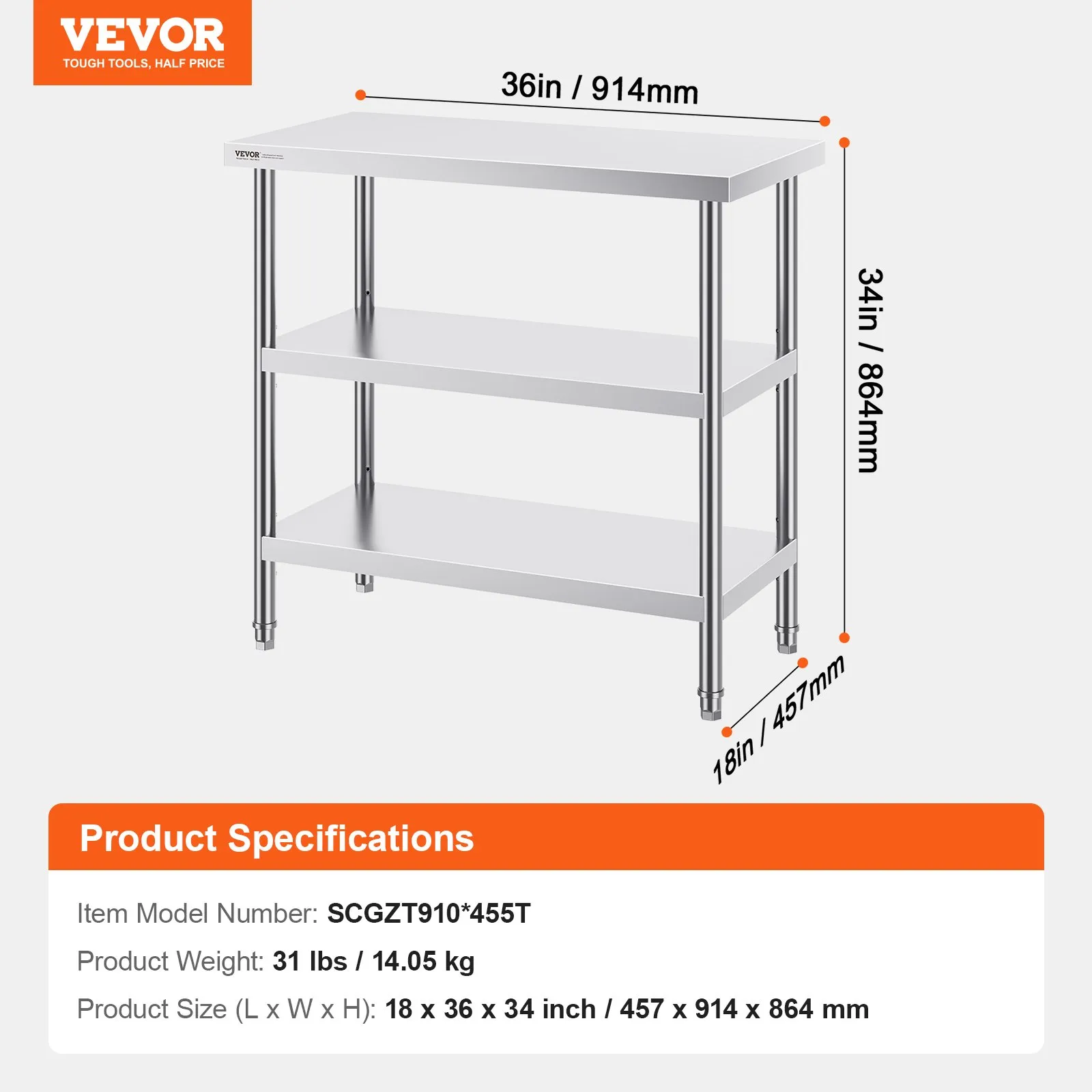 Nerezový pracovný stôl VEVOR, 457 x 914 x 864 mm, komerčný kuchynský pracovný stôl s 2 nastaviteľnými spodnými policami, robustný kovový stôl na grilovanie, kuchyňaNerezový pracovný stôl 457 x 914 x 864 mm, komerčný kuchynský pracovný stôl s 2 nastaviteľnými spodnými policami, robustný kovový stôl na grilovanie, kuchyňa – Obrázok 4