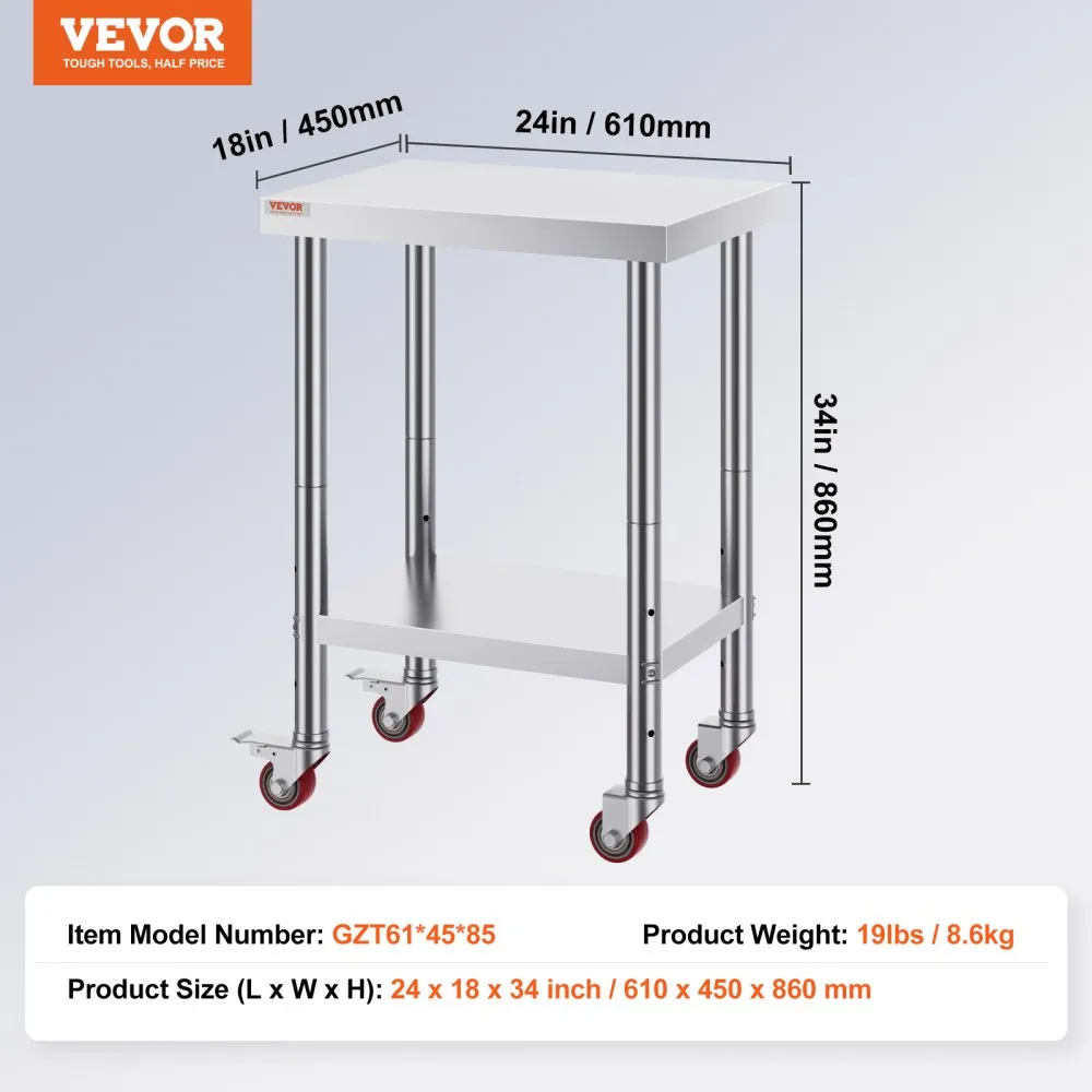 Pracovný stôl z nehrdzavejúcej ocele 609,6 x 457,2 x 863,6 mm, nerezový cateringový pracovný stôl s nosnosťou 100 kg, stôl na prípravu jedla, komerčný pracovný stôl – Obrázok 4