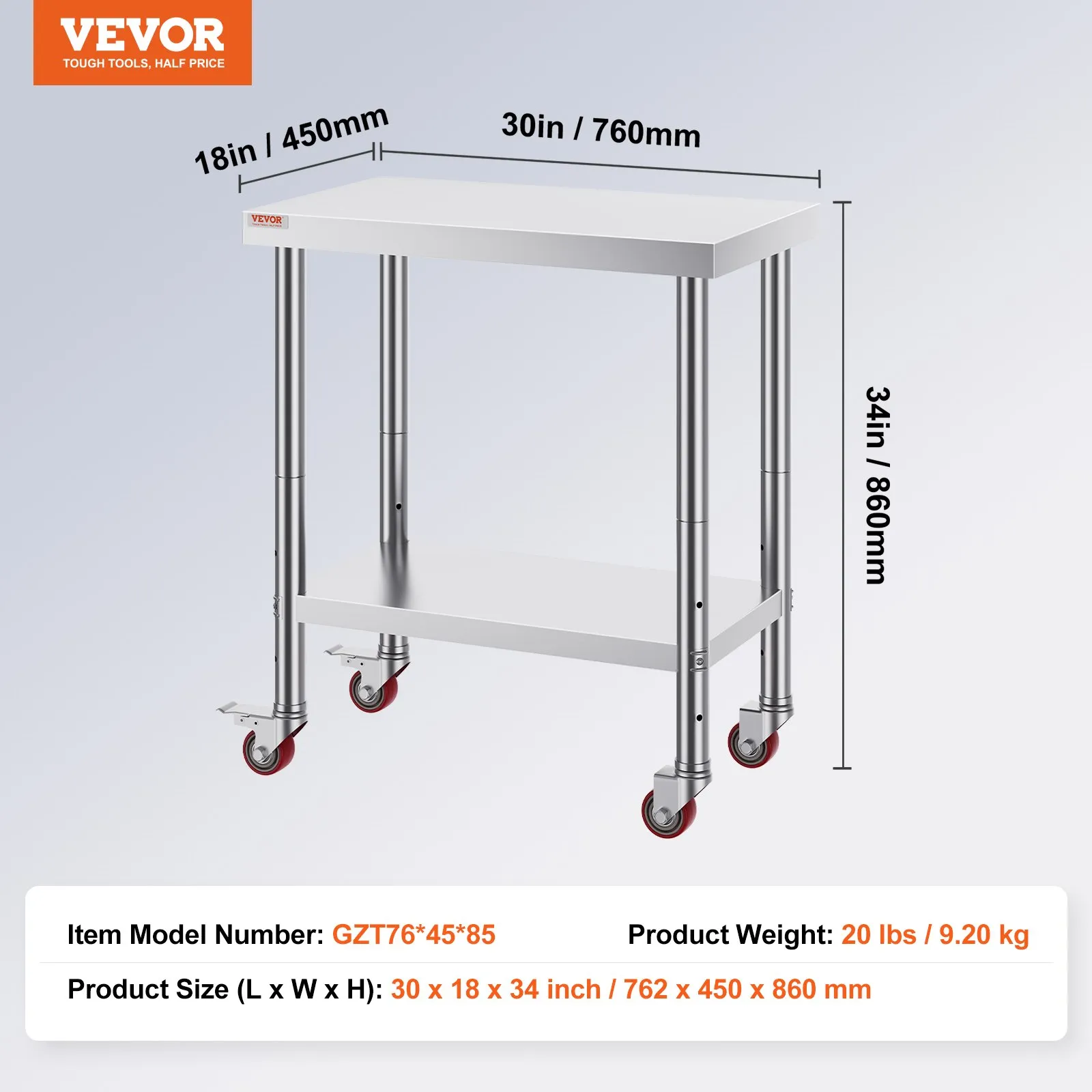Pracovný stôl z nehrdzavejúcej ocele pre catering 762 x 457,2 x 863,6 mm, nosnosť cca 150 kg, stôl na prípravu jedla, komerčný pracovný stôl do kuchyne, baru, reštaurácie, 4 nastaviteľné nohy – Obrázok 4