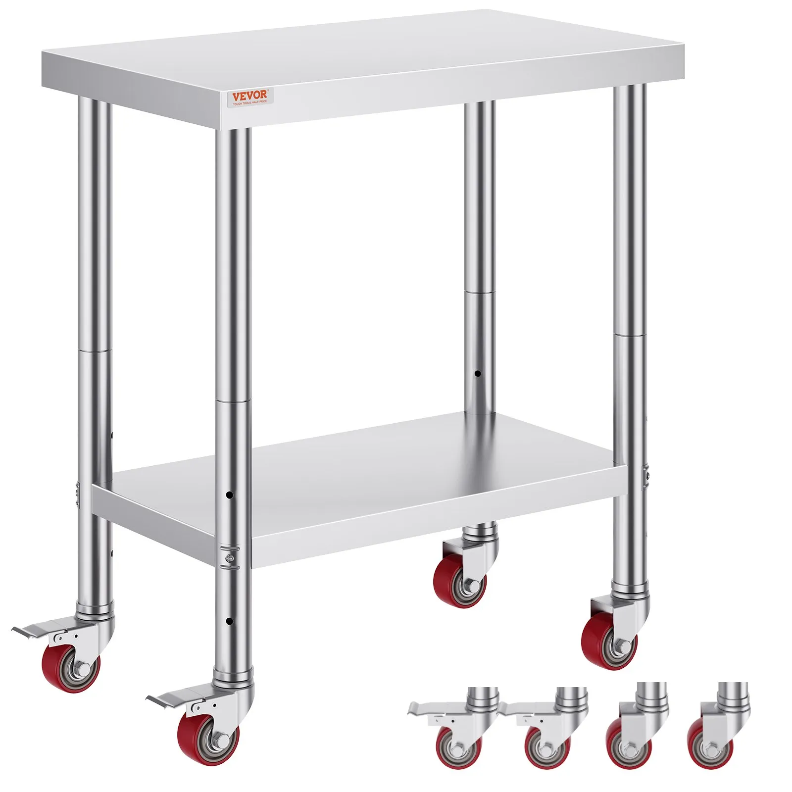 Pracovný stôl z nehrdzavejúcej ocele pre catering 762 x 457,2 x 863,6 mm, nosnosť cca 150 kg, stôl na prípravu jedla, komerčný pracovný stôl do kuchyne, baru, reštaurácie, 4 nastaviteľné nohy