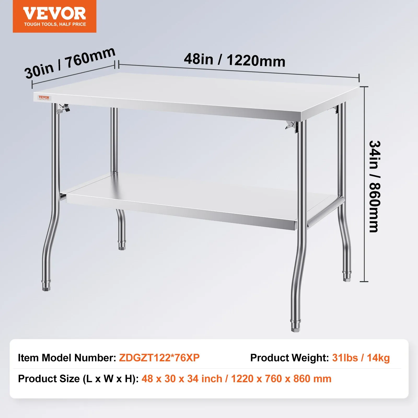 Komerčný pracovný stôl, 1220 x 762 mm, Skladací komerčný prípravný stôl, Dvojitý skladací stôl z nehrdzavejúcej ocele, Kuchynský pracovný stôl s nosnosťou 350 kg, Strieborný kuchynský ostrovček – Obrázok 3