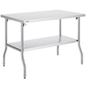 Komerčný pracovný stôl, 1220 x 762 mm, Skladací komerčný prípravný stôl, Dvojitý skladací stôl z nehrdzavejúcej ocele, Kuchynský pracovný stôl s nosnosťou 350 kg, Strieborný kuchynský ostrovček