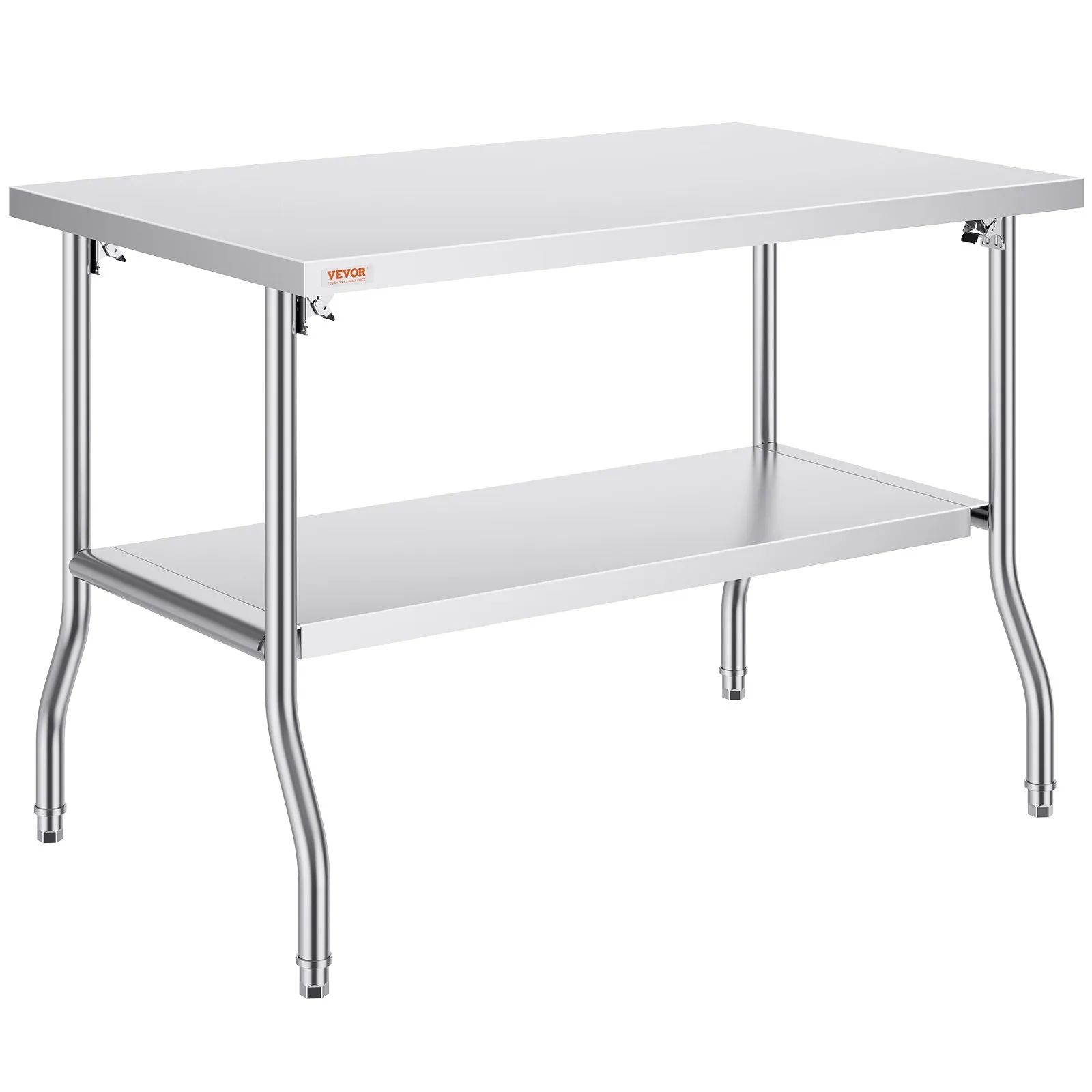 Komerčný pracovný stôl, 1220 x 762 mm, Skladací komerčný prípravný stôl, Dvojitý skladací stôl z nehrdzavejúcej ocele, Kuchynský pracovný stôl s nosnosťou 350 kg, Strieborný kuchynský ostrovček
