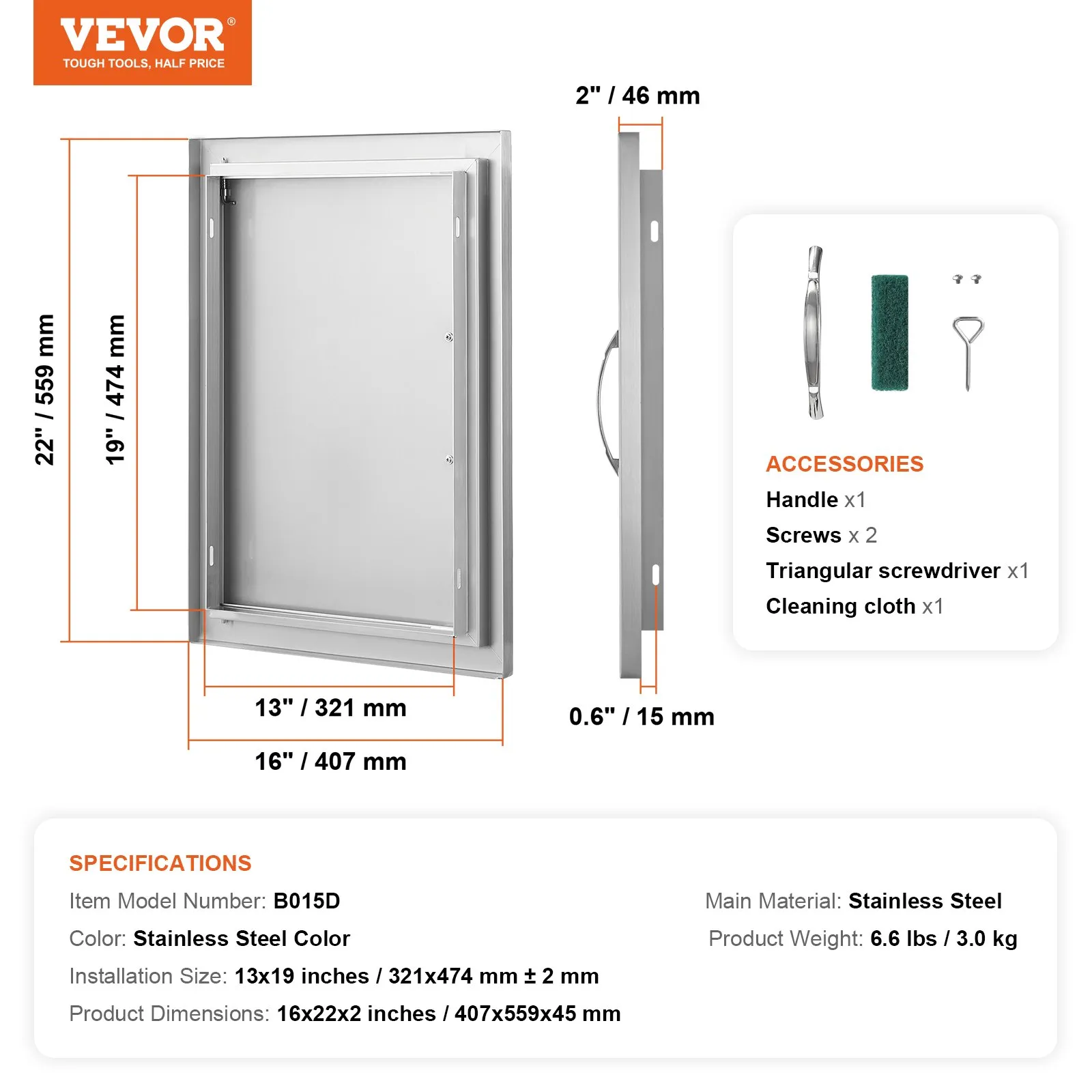 Prístupové dvierka ku grilu 407 x 559 x 46 mm, Jednoduché vonkajšie kuchynské dvierka, Zapustené dvierka z nehrdzavejúcej ocele, Zvislé nástenné dvierka s úchytkou, pre grilovací ostrovček, grilovaciu stanicu, vonkajšiu skrinku atď. – Obrázok 5