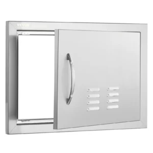 Prístupové dvierka ku grilu 508 x 356 mm, Jednoduché vonkajšie kuchynské dvierka, Zapustené dvierka z nehrdzavejúcej ocele, Zvislé nástenné dvierka s úchytkou a vetracími otvormi, pre grilovací ostrovček, grilovaciu stanicu, vonkajšiu skrinku