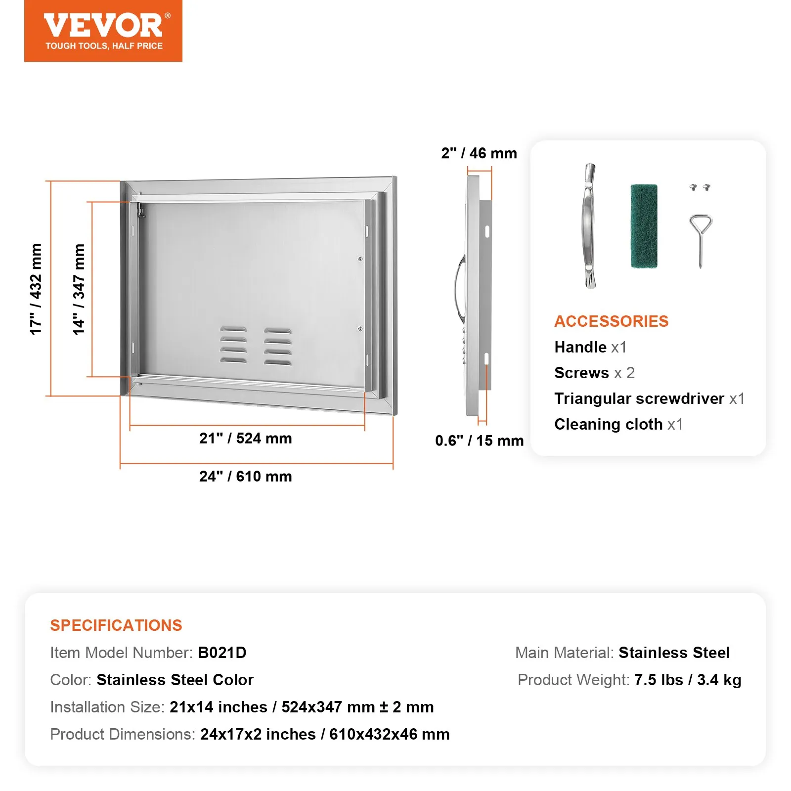 Prístupové dvierka ku grilu 610 x 432 mm, Jednoduché vonkajšie kuchynské dvierka, Zapustené dvierka z nehrdzavejúcej ocele, Zvislé nástenné dvierka s rukoväťou a vetracími otvormi, pre grilovací ostrovček, grilovaciu stanicu, vonkajšiu skrinku – Obrázok 2