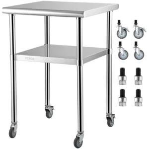 Komerčný nerezový stôl 61 x 61 x 91,4 cm, Pojazdný dvojúrovňový pracovný stôl, demontážny stôl, catering, nosnosť 181,4 kg + 91 kg, Komerčný kuchynský stôl, Prípravný stôl, Kuchynský nábytok