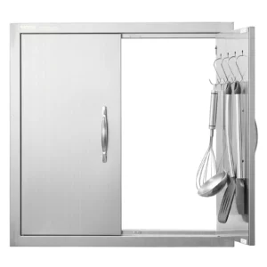 Prístupové dvierka ku grilu 610 x 610 mm, Dvojité vonkajšie kuchynské dvierka, Zapustené dvierka z nehrdzavejúcej ocele, Dvojstenné zvislé dvierka s úchytkami a háčikmi, pre grilovací ostrovček, grilovaciu stanicu, vonkajšiu skrinku