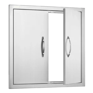 Prístupové dvierka ku grilu 660 x 609 mm, Dvojité vonkajšie kuchynské dvierka, Zapustené dvierka z nehrdzavejúcej ocele, Zvislé nástenné dvierka s úchytkami, pre grilovací ostrovček, grilovaciu stanicu, vonkajšiu skrinku