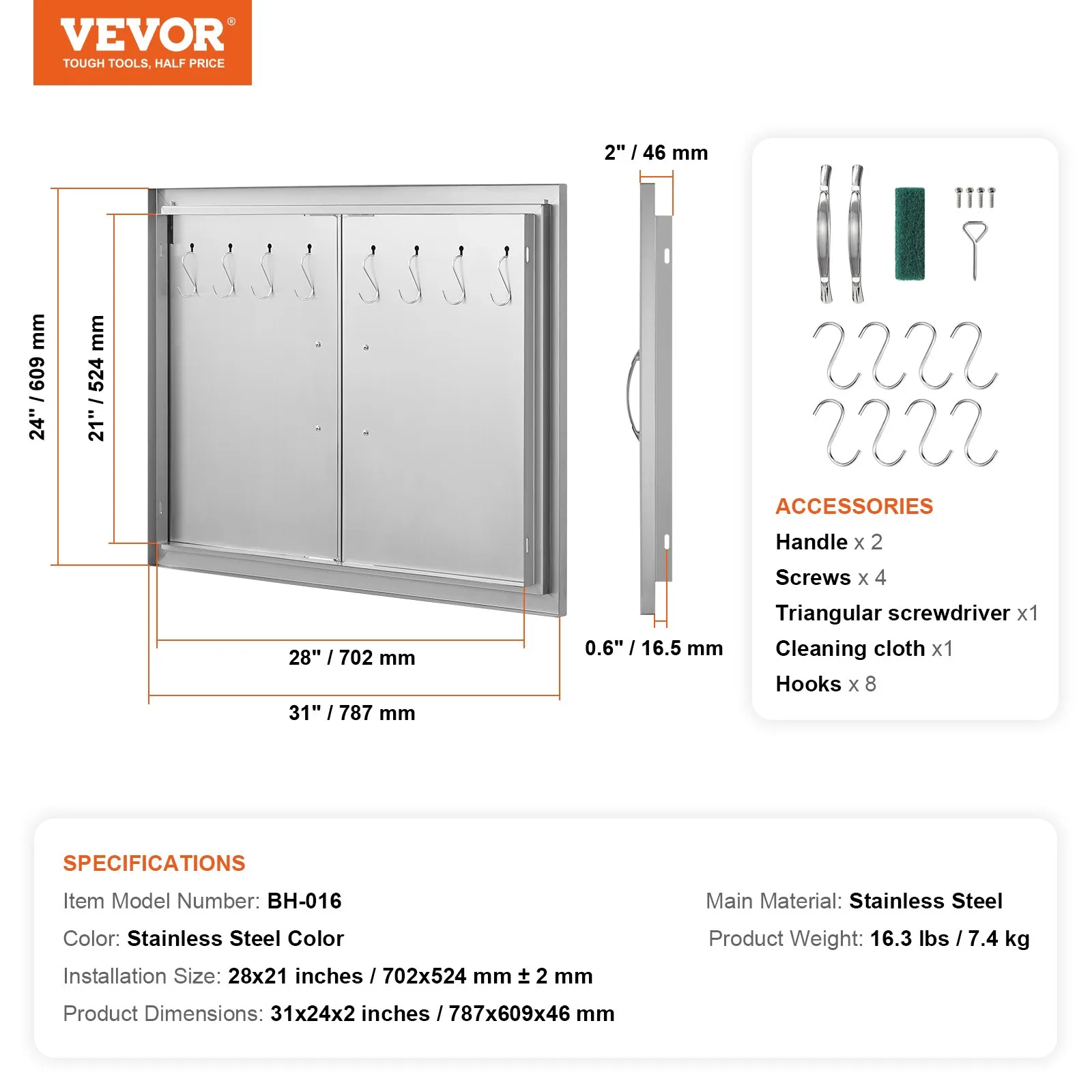 Prístupové dvierka ku grilu 787 x 609 mm, Dvojité vonkajšie kuchynské dvierka, Zapustené dvierka z nehrdzavejúcej ocele, Dvojstenné zvislé dvierka s úchytkami a háčikmi, pre grilovací ostrovček, grilovaciu stanicu, vonkajšiu skrinku – Obrázok 3