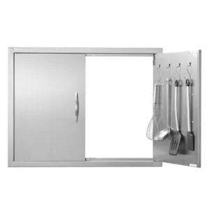 Prístupové dvierka ku grilu  787 x 609 mm, Dvojité vonkajšie kuchynské dvierka, Zapustené dvierka z nehrdzavejúcej ocele, Dvojstenné zvislé dvierka s úchytkami a háčikmi, pre grilovací ostrovček, grilovaciu stanicu, vonkajšiu skrinku