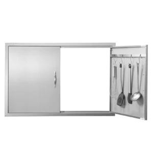 Prístupové dvierka ku grilu 990 x 660 mm, Dvojité vonkajšie kuchynské dvierka, Zapustené dvierka z nehrdzavejúcej ocele, Zvislé nástenné dvierka s úchytkami a háčikmi, pre grilovací ostrovček, grilovaciu stanicu, vonkajšiu skrinku