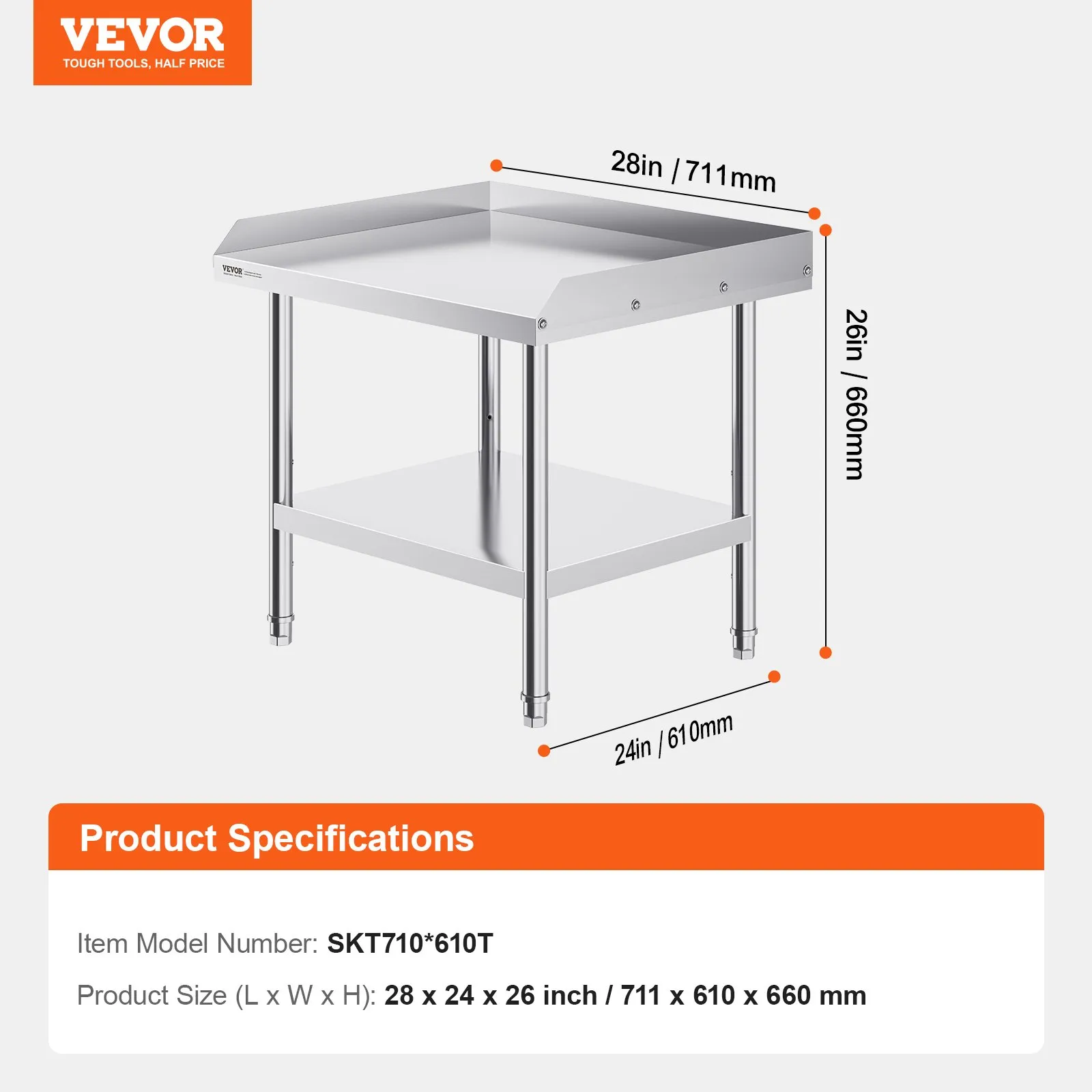 Pracovný stôl z nehrdzavejúcej ocele, komerčný pracovný stôl na prípravu jedál, 610 x 711 x 660 mm, 3-stranná ochrana proti striekajúcej vode, robustný prípravný stôl, pracovný stôl s nastaviteľnou výškou – Obrázok 4