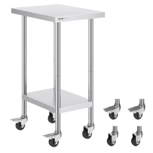 Pracovný stôl z nehrdzavejúcej ocele, prípravný stôl 610 x 457 x 954,6 mm, nosnosť 290 kg, so 4 kolieskami, 3 nastaviteľné výšky, pracovný stôl na prípravu jedál pre komerčné reštaurácie