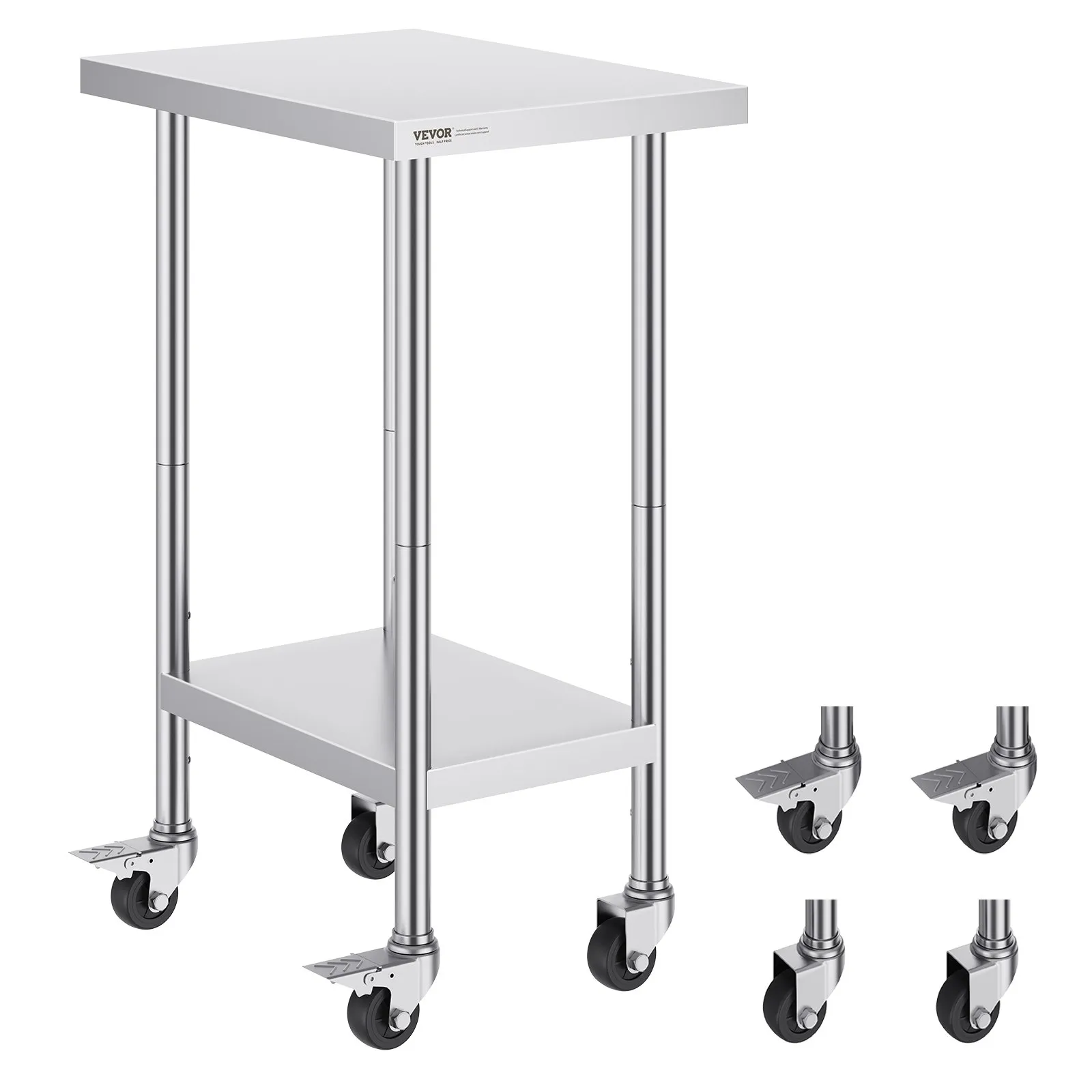 Pracovný stôl z nehrdzavejúcej ocele, prípravný stôl 610 x 457 x 954,6 mm, nosnosť 290 kg, so 4 kolieskami, 3 nastaviteľné výšky, pracovný stôl na prípravu jedál pre komerčné reštaurácie