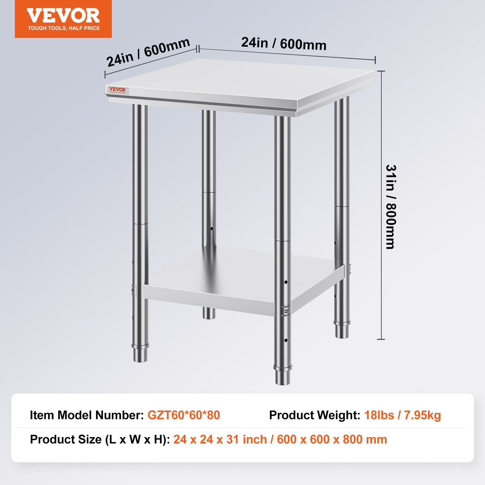 Pracovný stôl z nehrdzavejúcej ocele 60 cm x 60 cm na prípravu jedla, šitie, pranie, tvorenie, použitie v garáži atď. – Obrázok 3