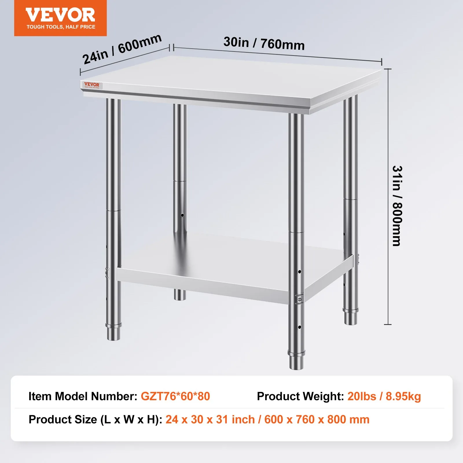 Pracovný stôl z nehrdzavejúcej ocele 760 x 600 x 70 mm na prípravu jedla, šitie, pranie, tvorenie, použitie v garáži atď. – Obrázok 2