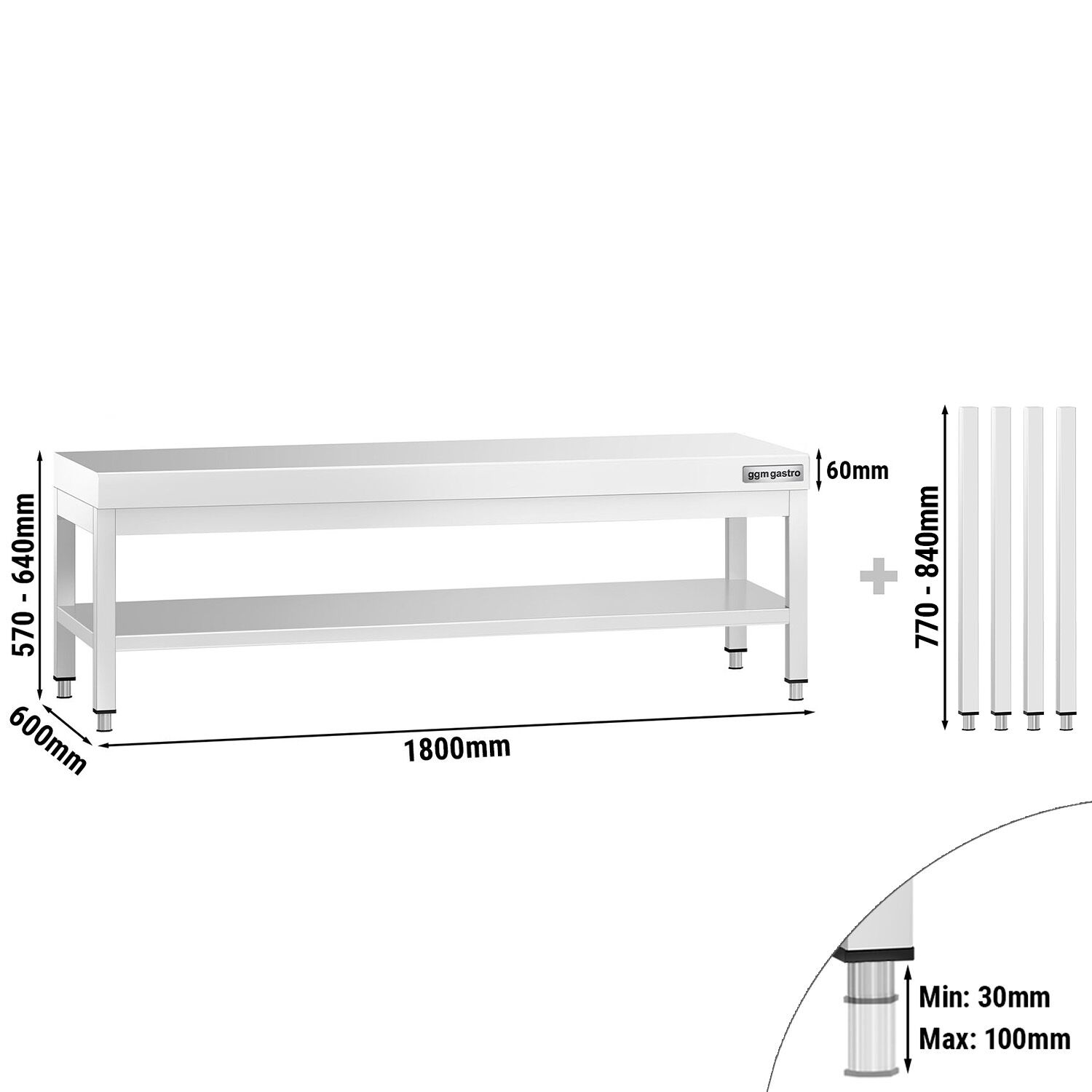 Nerezový podpultový stôl 1800x600 mm - so základnou policou – Obrázok 3