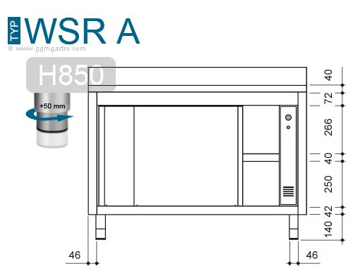 Komerčná vyhrievaná pracovná skriňa s posuvnými dverami PREMIUM – +30–80°C – 1600×700×850 mm – 2,4 kW – Obrázok 3