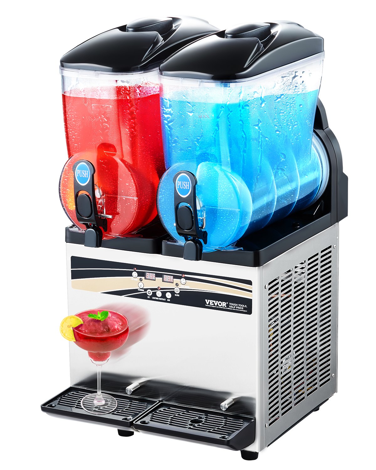 Stroj na ľadovú drť, 15l x 2 stroj na ledovú kašu s dvoma nádržami, 120-šálkový stroj na smoothie margarita z nehrdzavejúcej ocele, výrobník ledovej kaše na domáce párty, do reštaurácií, kaviarní a barov – Obrázok 3