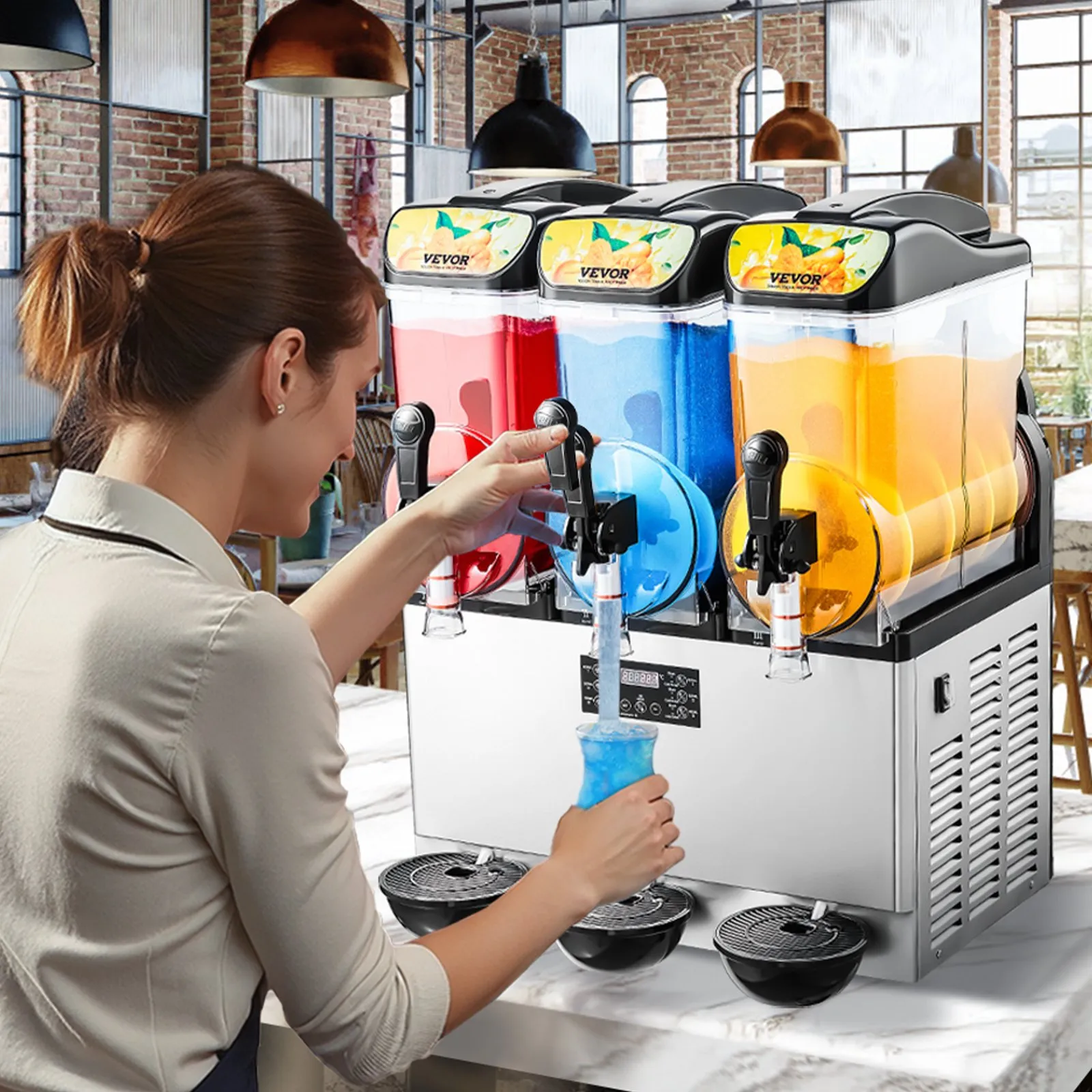 Stroj na ľadovú drť 15l x 3 stroj na ledovú kašu s tromi nádržami, 180-šálkový stroj na smoothie margarita z nehrdzavejúcej ocele, výrobník ledovej kaše na domáce párty, do reštaurácií, kaviarní a barov – Obrázok 4