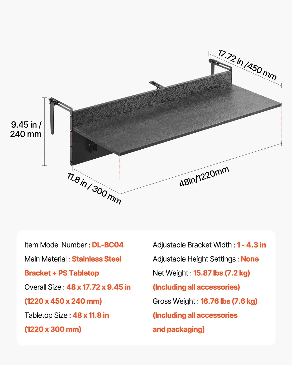 Balkónový stôl , 1220x300 mm, Skladací závesný balkónový stôl, Skladací stôl na vonkajšie použitie, Nosnosť 22 kg, Vhodný pre zábradlia od 2,54 do 10,92 cm, Servírovací stôl na terasu a verandu – Obrázok 5