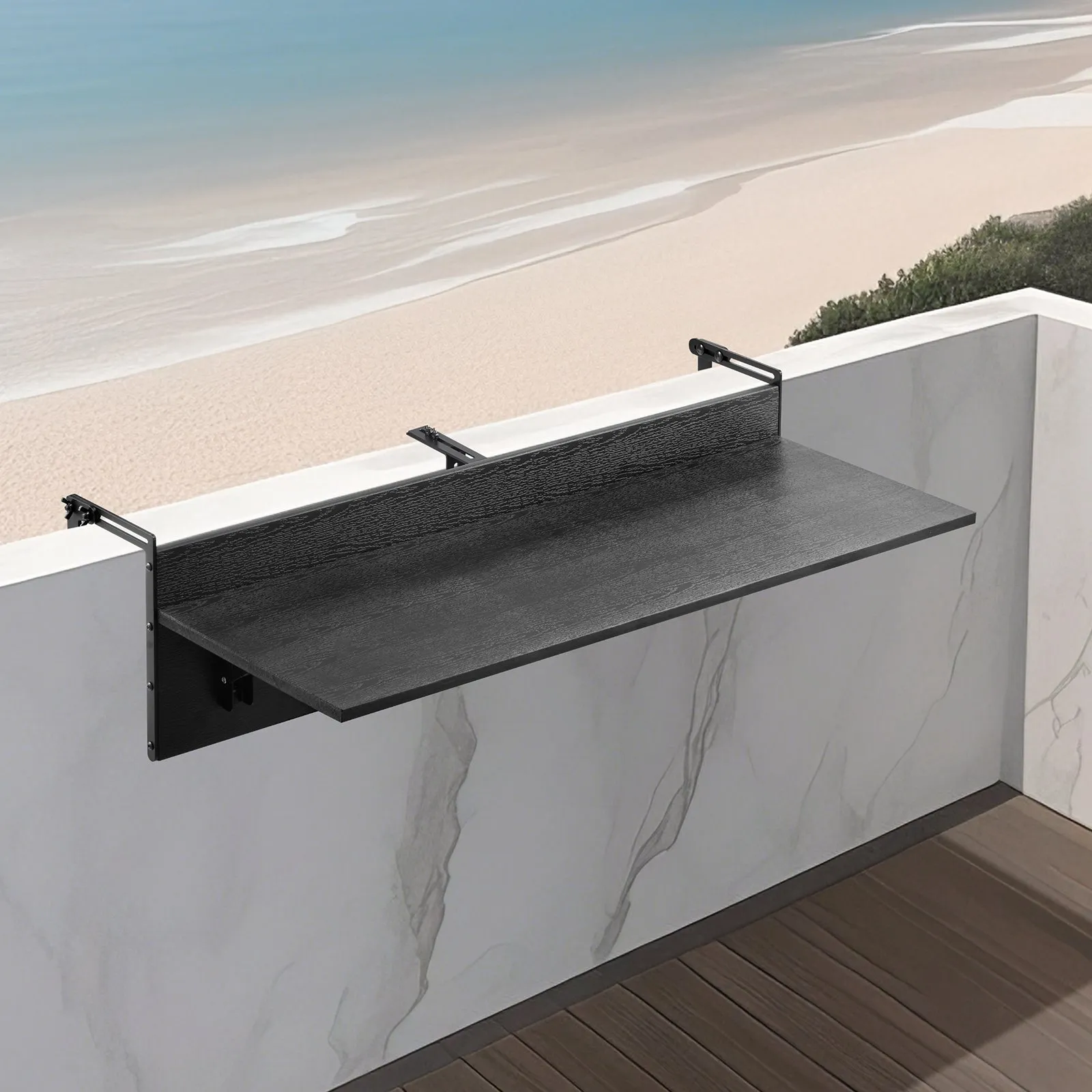 Balkónový stôl , 1220x300 mm, Skladací závesný balkónový stôl, Skladací stôl na vonkajšie použitie, Nosnosť 22 kg, Vhodný pre zábradlia od 2,54 do 10,92 cm, Servírovací stôl na terasu a verandu – Obrázok 3