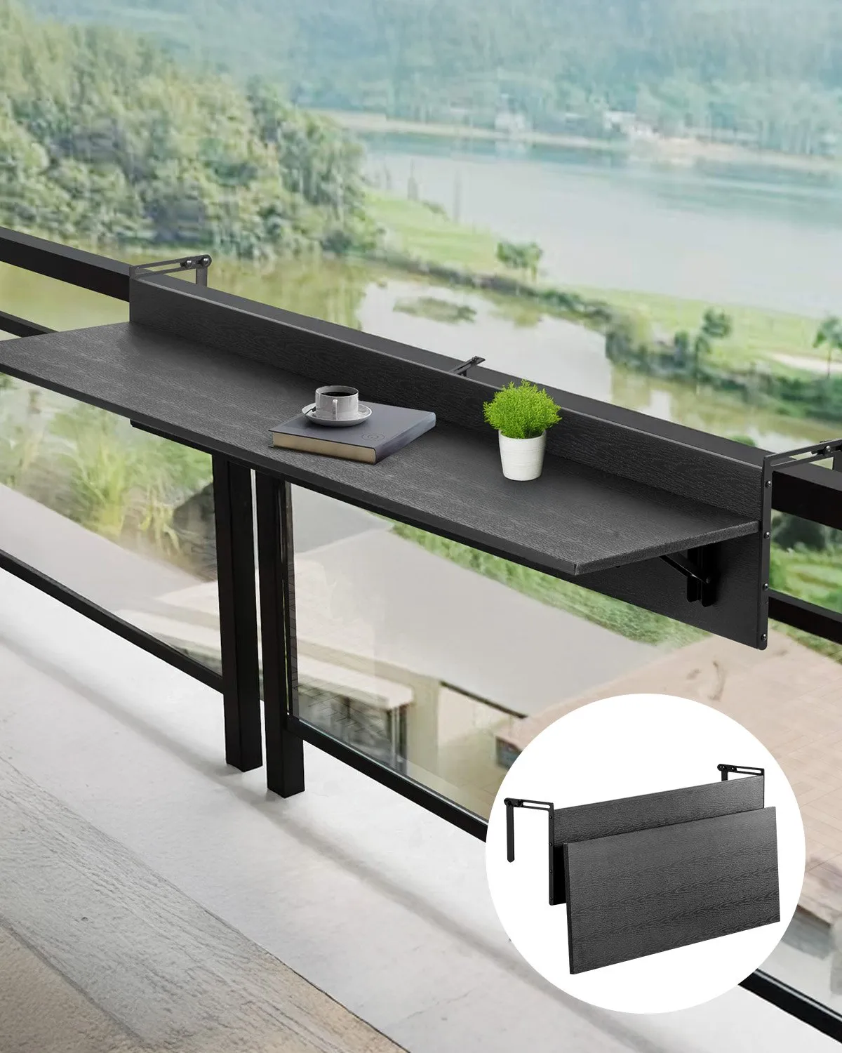 Balkónový stôl , 1220x300 mm, Skladací závesný balkónový stôl, Skladací stôl na vonkajšie použitie, Nosnosť 22 kg, Vhodný pre zábradlia od 2,54 do 10,92 cm, Servírovací stôl na terasu a verandu – Obrázok 4
