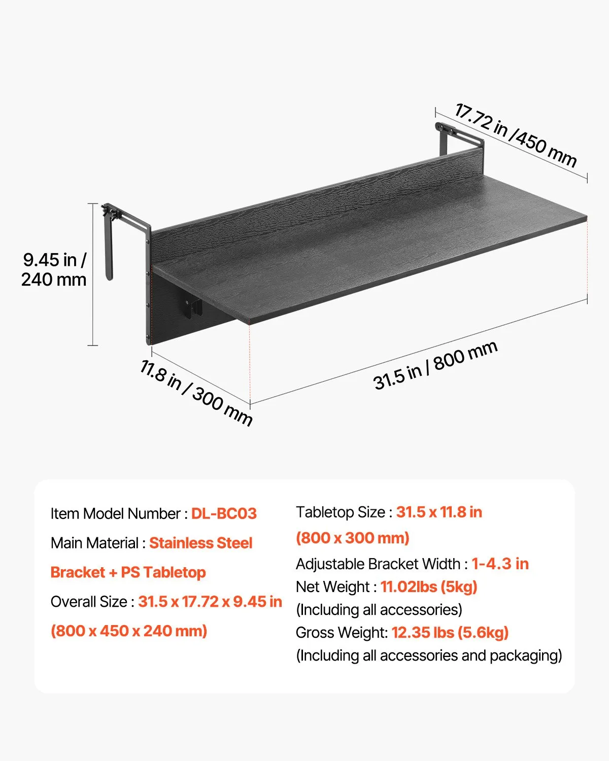 Balkónový stôl , 800x300 mm, Skladací závesný balkónový stôl, Skladací stôl na vonkajšie použitie, Nosnosť 22 kg, Vhodný pre zábradlia od 25,4 do 109,22 mm, Servírovací stôl na terasu a verandu – Obrázok 4