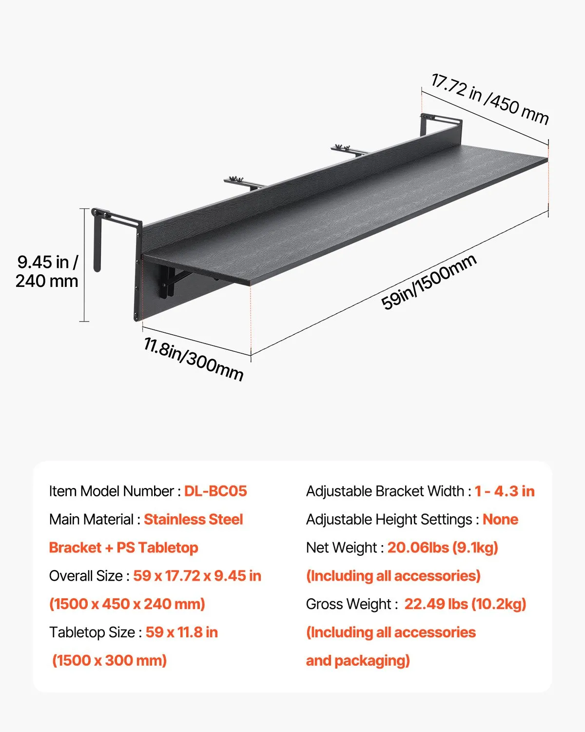 Balkónový stôl 1500x300 mm, Skladací závesný balkónový stôl, Skladací stôl na vonkajšie použitie, Nosnosť 22 kg, Vhodný pre zábradlia od 2,54 do 15 cm, Servírovací stôl na terasu a verandu – Obrázok 5
