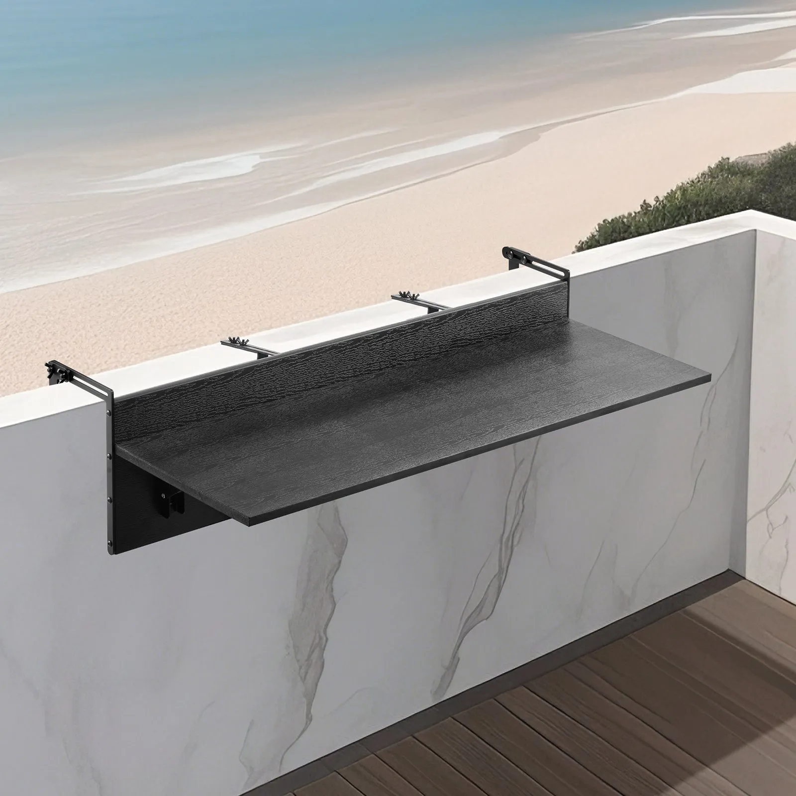 Balkónový stôl 1500x300 mm, Skladací závesný balkónový stôl, Skladací stôl na vonkajšie použitie, Nosnosť 22 kg, Vhodný pre zábradlia od 2,54 do 15 cm, Servírovací stôl na terasu a verandu – Obrázok 3