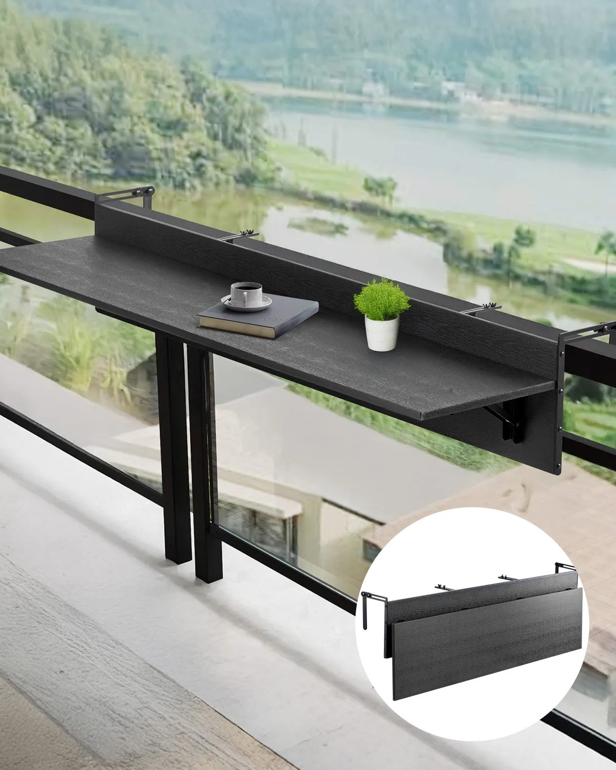 Balkónový stôl 1500x300 mm, Skladací závesný balkónový stôl, Skladací stôl na vonkajšie použitie, Nosnosť 22 kg, Vhodný pre zábradlia od 2,54 do 15 cm, Servírovací stôl na terasu a verandu – Obrázok 4