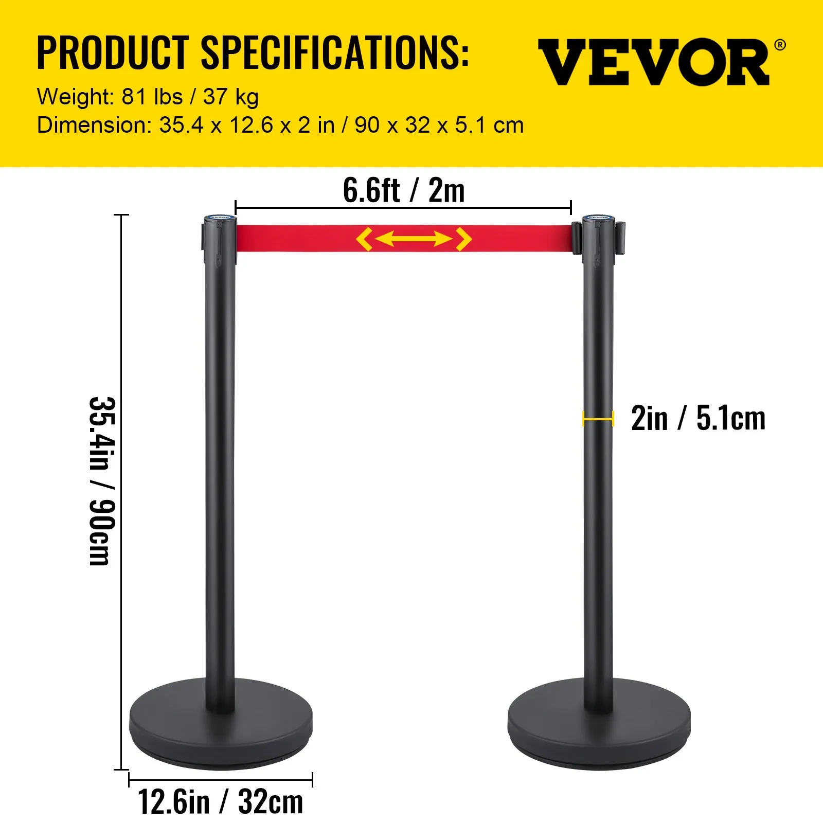 Systém na reguláciu davu 6 stĺpikov, celková výška 90 cm, bariéra so štvorcestným adaptérom, stĺpik, stĺpik bariéry s 2 m dlhým pásom pre letisko, oceľové/železné stĺpiky, čierny – Obrázok 5