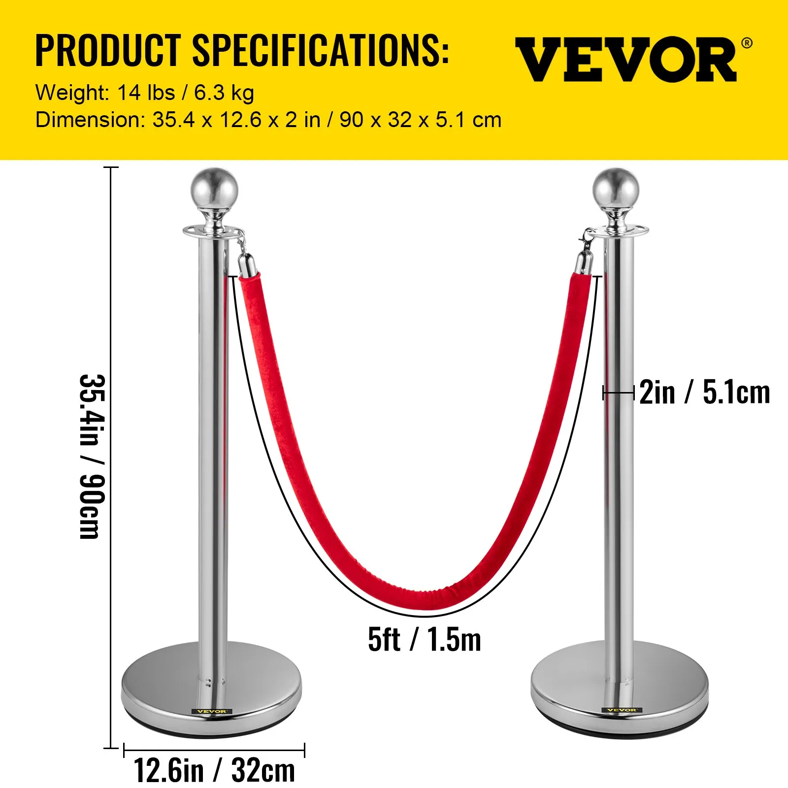 Systém na reguláciu davu , 8 stojanov, celková výška bariéry 90 cm, stĺpiky, vodiace stĺpiky, bariérové stojany s dĺžkou pásu 1,5 m na svadby a letiská, oceľové a železné stojany, strieborná a červená – Obrázok 5