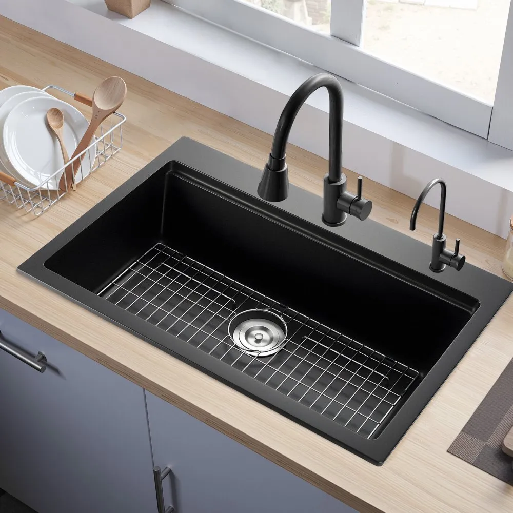 Kuchynský drez Granite (84 x 56 x 25 cm) na povrchovú montáž, vstavaný drez vo vidieckom štýle s príslušenstvom, drez do domácnosti pre obytné automobily, kuchynky na prípravu jedál, bary, čierny – Obrázok 4