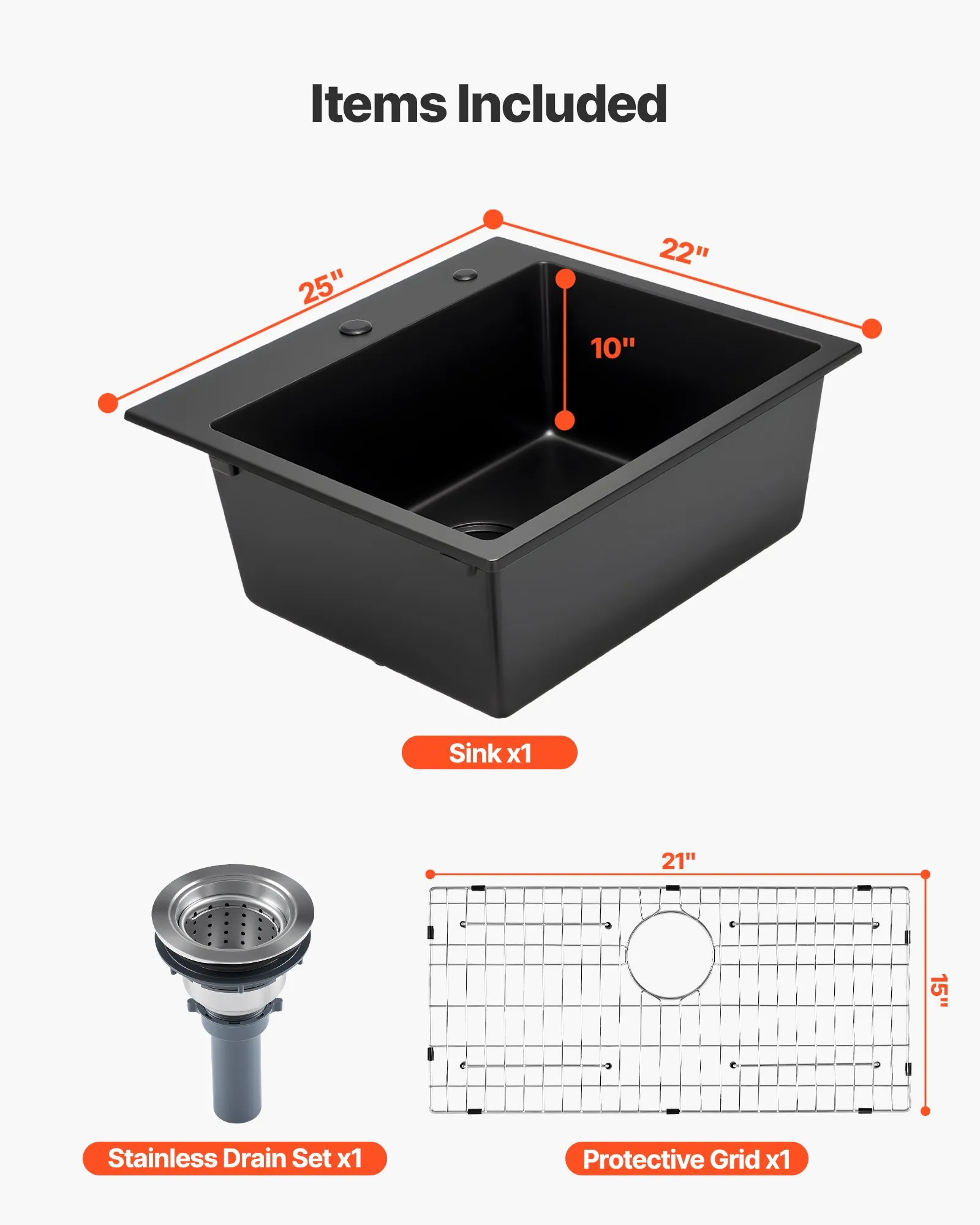Kuchynský drez Granite (635 x 559 x 254 mm) na povrchovú montáž, vstavaný drez vo vidieckom štýle s príslušenstvom, drez do domácnosti pre obytné automobily, kuchynky na prípravu jedál, bary, čierny – Obrázok 4