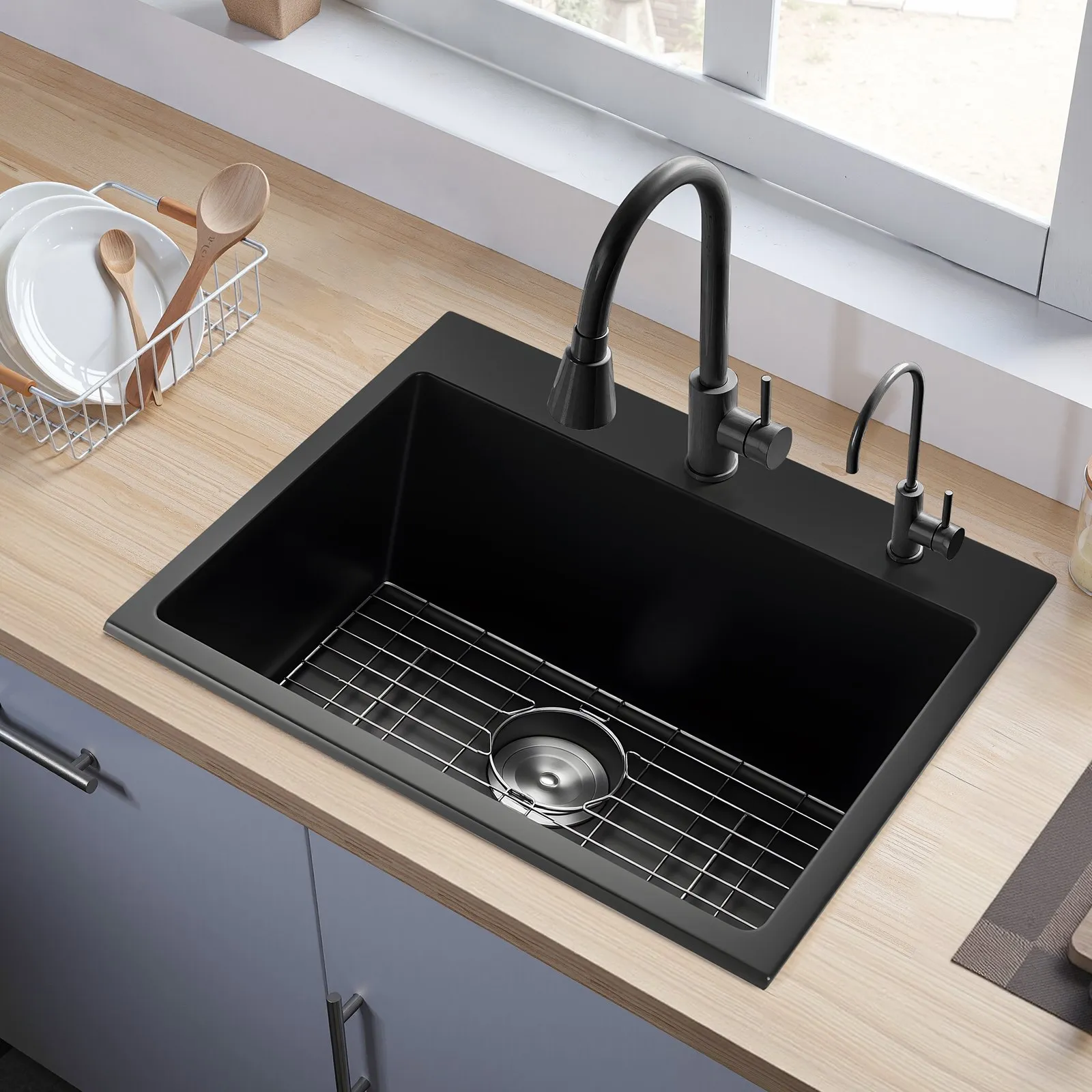 Kuchynský drez Granite (635 x 559 x 254 mm) na povrchovú montáž, vstavaný drez vo vidieckom štýle s príslušenstvom, drez do domácnosti pre obytné automobily, kuchynky na prípravu jedál, bary, čierny – Obrázok 3