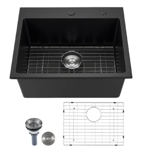 Kuchynský drez  Granite (635 x 559 x 254 mm) na povrchovú montáž, vstavaný drez vo vidieckom štýle s príslušenstvom, drez do domácnosti pre obytné automobily, kuchynky na prípravu jedál, bary, čierny