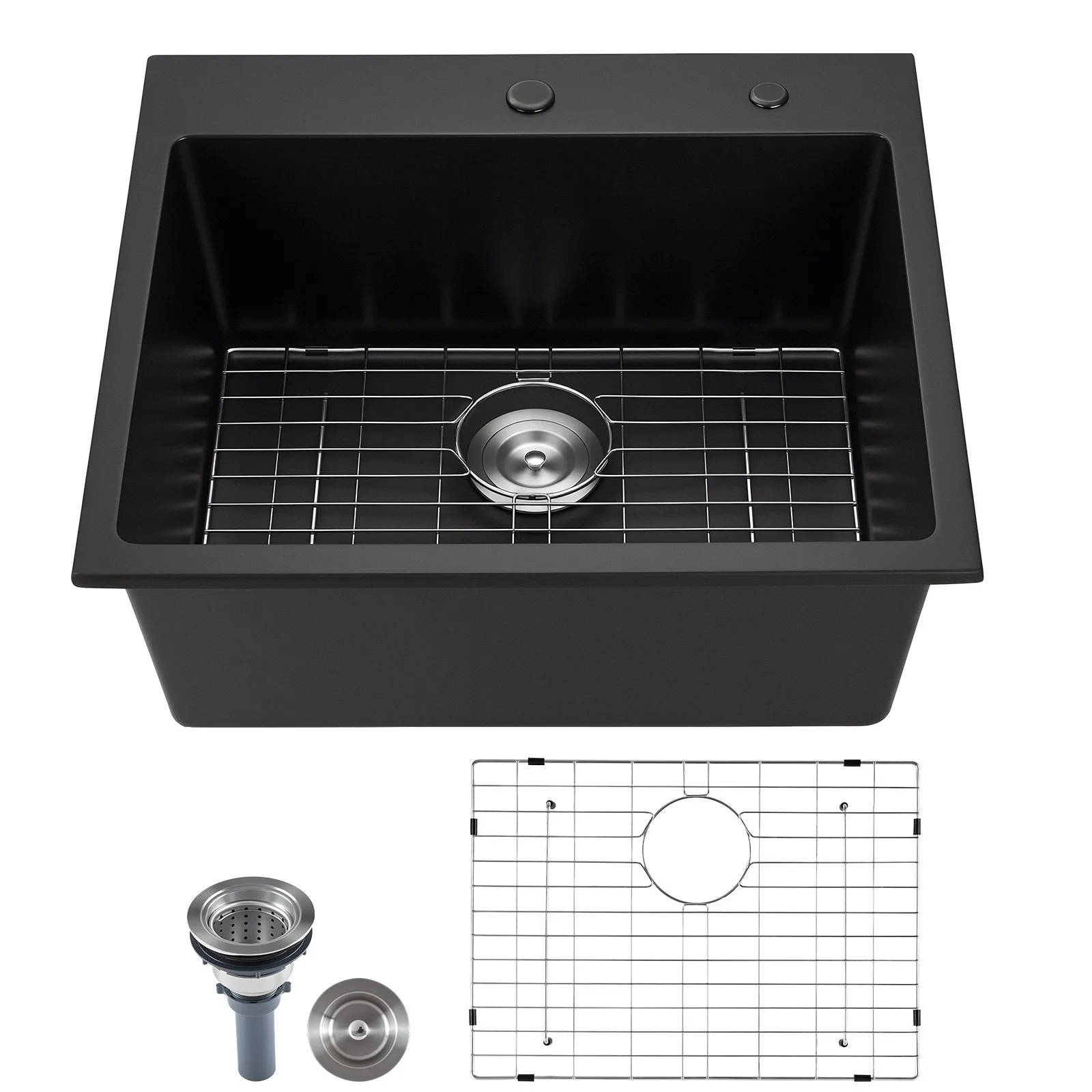 Kuchynský drez Granite (635 x 559 x 254 mm) na povrchovú montáž, vstavaný drez vo vidieckom štýle s príslušenstvom, drez do domácnosti pre obytné automobily, kuchynky na prípravu jedál, bary, čierny