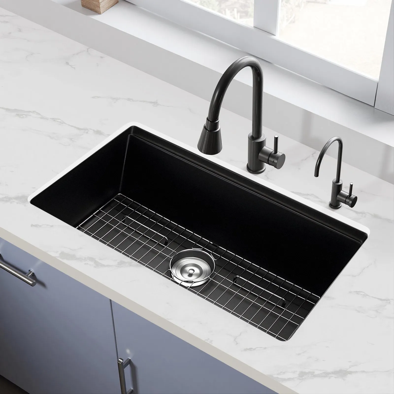 Kuchynský drez Granite (838 x 482 x 254 mm) na povrchovú montáž, vstavaný drez vo vidieckom štýle s príslušenstvom, drez do domácnosti pre obytné automobily, kuchynky na prípravu jedál, bary, čierny – Obrázok 3