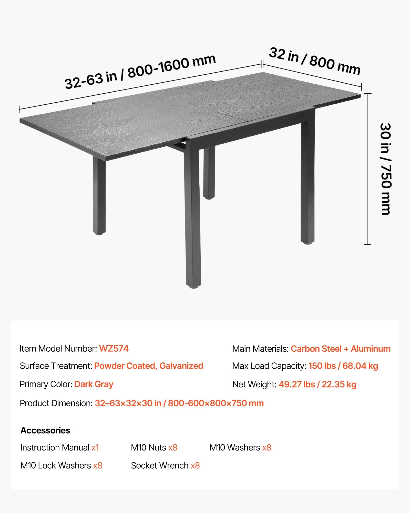 Rozkladací záhradný stôl , záhradný stôl, balkónový stôl (80-160 cm) vyrobený z uhlíkovej ocele + hliníka, jedálenský stôl do vonkajšieho dvora, na terasu, do záhrady, na verandu, vodeodolný, nosnosť 68 kg, tmavosivý – Obrázok 5