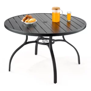 Záhradný stôl , záhradný stôl, balkónový stôl (1200 x 725 mm) vyrobený z uhlíkovej ocele, okrúhly jedálenský stôl na vonkajšiu terasu, do záhrady, na verandu, vodeodolný, s otvorom pre slnečník 38 mm, nosnosť 68 kg, čierny