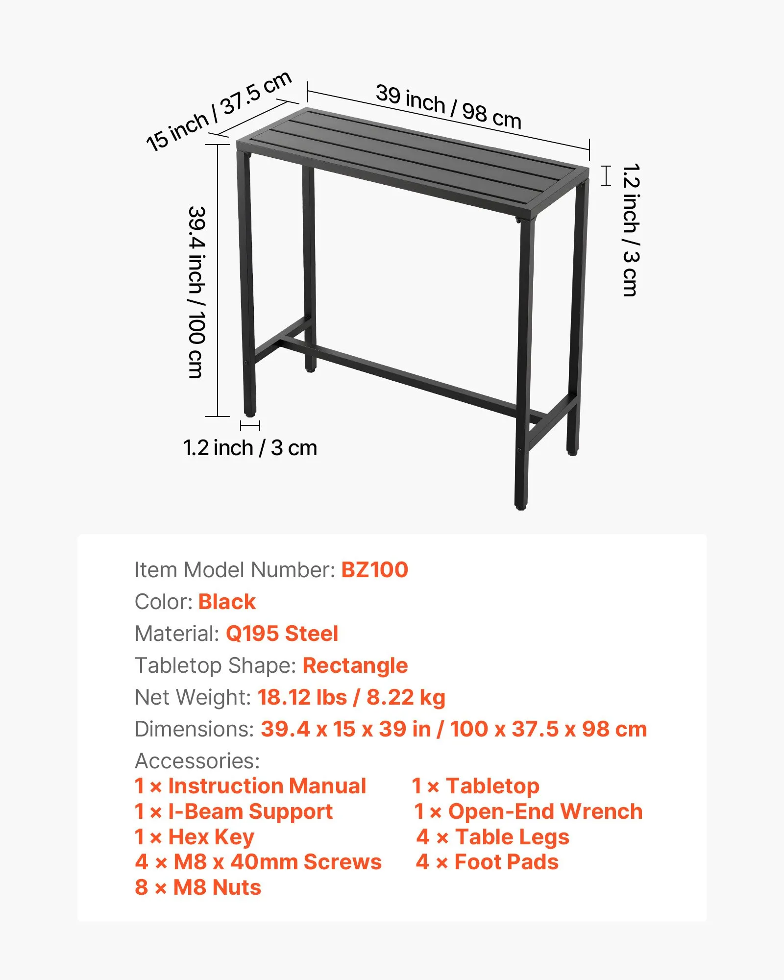 Barový stôl , 1000 x 375 x 980 mm, bistro stôl, stôl na státie s kovovým rámom, obdĺžnikové jedálenské stoly, kuchynský stôl, pultový stôl, párty stôl, záhradný nábytok na balkón, do záhrady, k bazénu – Obrázok 4