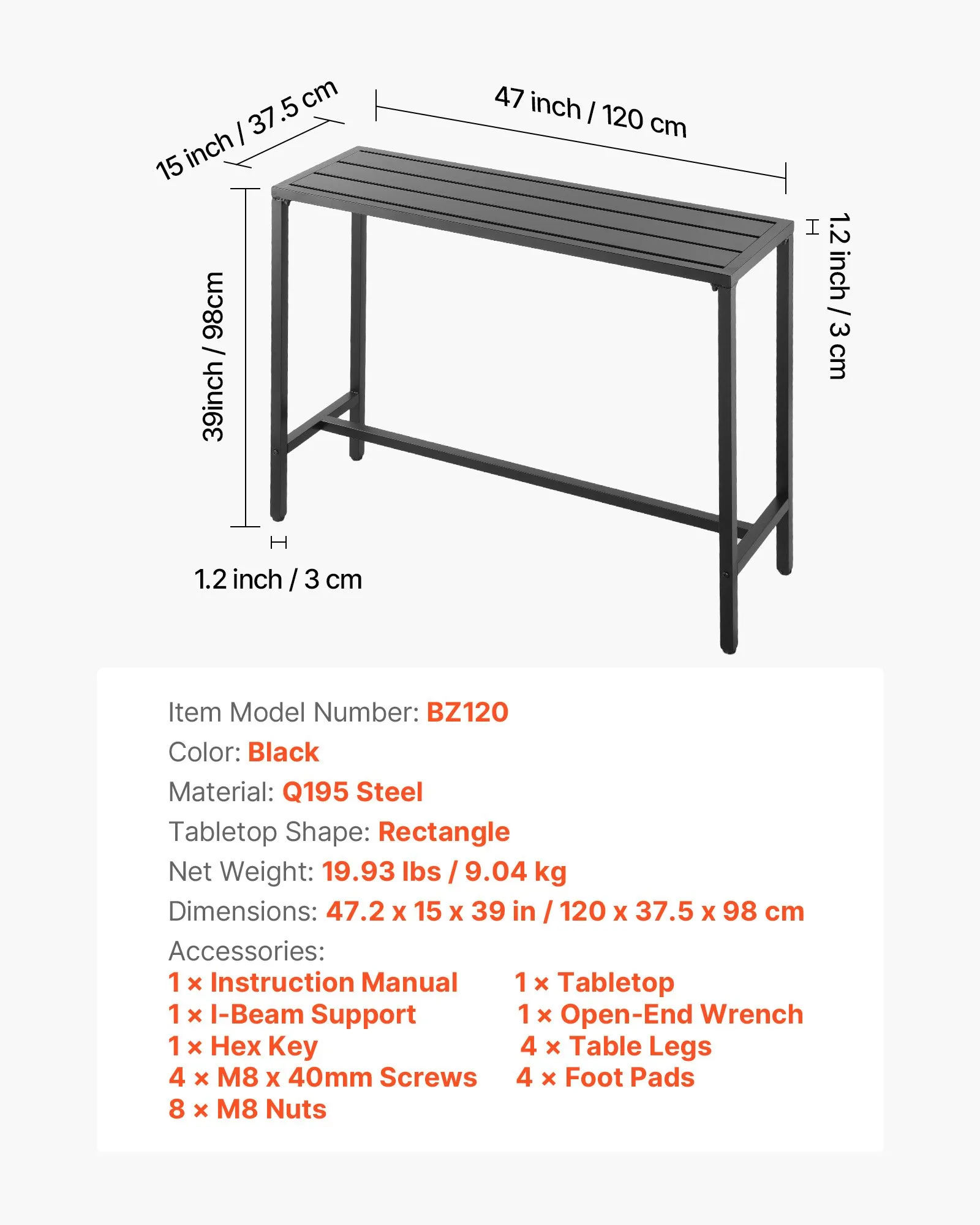 Barový stôl , 1200 x 375 x 980 mm, bistro stôl, stôl na státie s kovovým rámom, obdĺžnikové jedálenské stoly, kuchynský stôl, pultový stôl, párty stôl, záhradný nábytok na balkón, do záhrady, k bazénu – Obrázok 4