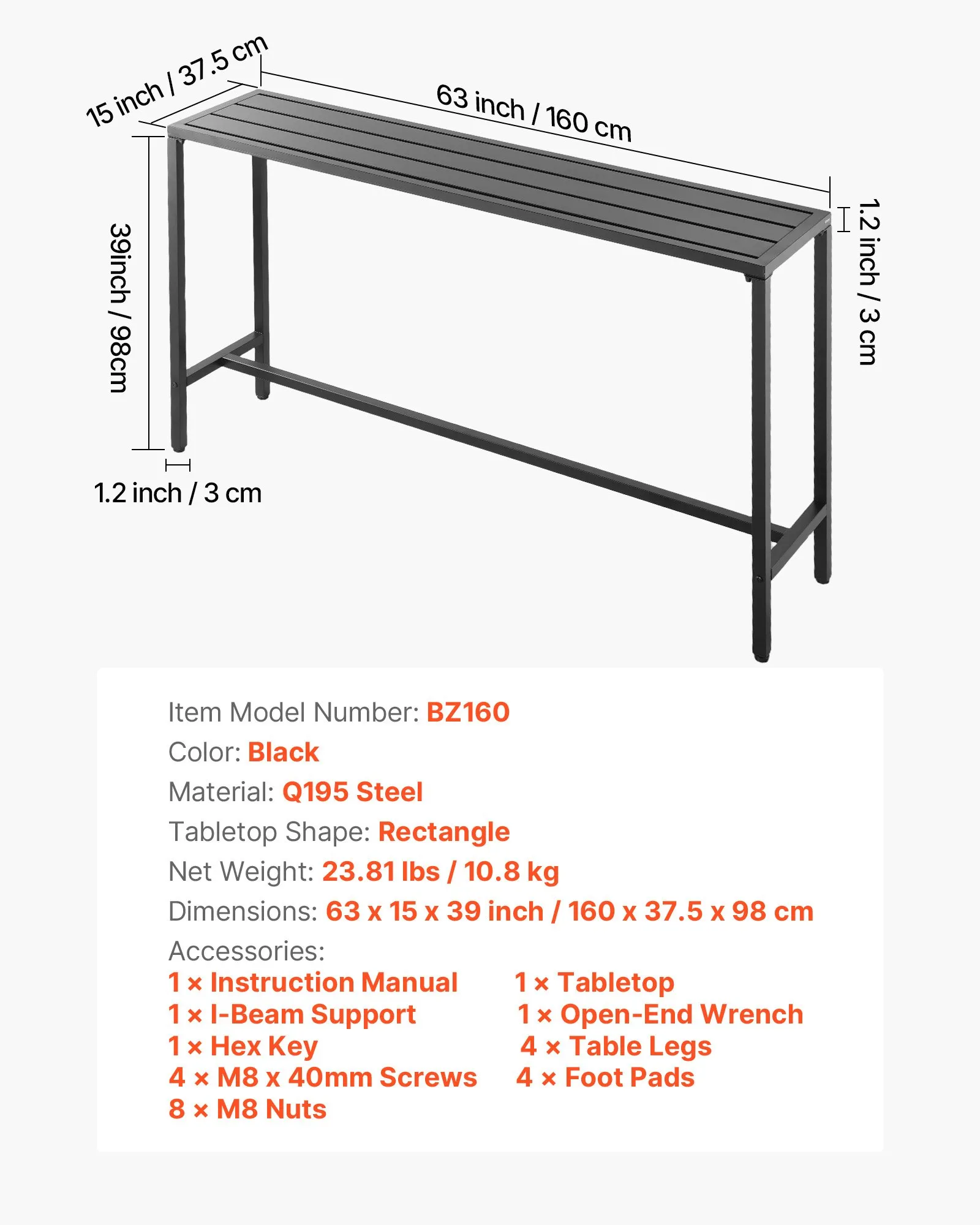 Barový stôl VEVOR, 1600 x 375 x 980 mm, Bistro stôl, Stôl na státie s kovovým rámom, Obdĺžnikové jedálenské stoly, Kuchynský stôl, Pultový stôl, Párty stôl, Záhradný nábytok na balkón, do záhrady, k bazénu – Obrázok 6